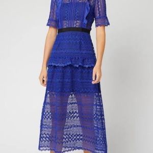 Short Sleeve Geometric Lace Midi Dress-Cobalt Blue